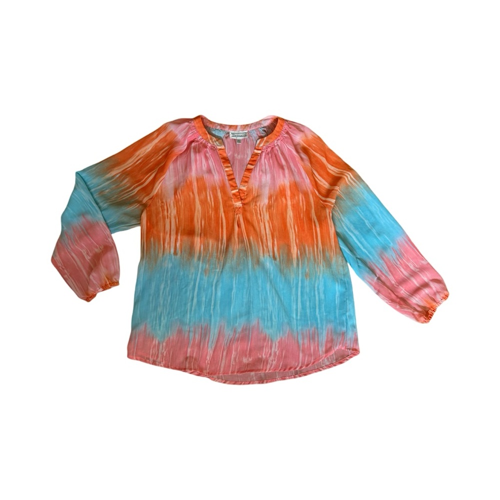Tie-Dye V-Neck Tunic blouse in Orange, Turquoise & Pink